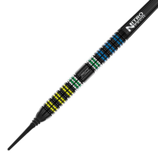 Das Bild zeigt einen Red Dragon Dragonfly 95 Black Parallel Softdart mit einem Gewicht von 20g. Der Dart hat ein auffälliges Design mit farbigen Ringen in Blau, Grün und Gelb auf schwarzem Grund.