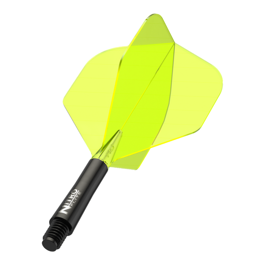 Das Bild zeigt ein Dart-Flügel-Set mit einem leuchtend gelben Flight und schwarzem Schaft. Auf dem Schaft steht der Schriftzug "Nitro Flite".