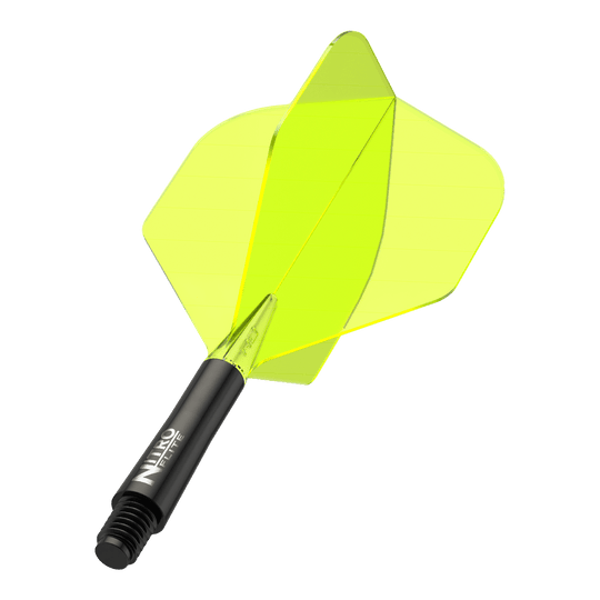 Red Dragon Nitroplte - letky s černým shaftem a žlutým hákem č. 2 Das Bild zeigt ein Dart-Flügel-Set mit einem leuchtend gelben Flight und schwarzem Schaft. Auf dem Schaft steht der Schriftzug "Nitro Flite".