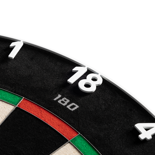 Ocelový terč Precise 180 Endorphine s číslovaným kroužkem - klasická bílá Das Precise 180 Endorphine Steeldartboard mit Nummernring in Weiß ist auf dem Bild zu erkennen. Die hochwertige Steeldartscheibe eignet sich für den professionellen Einsatz.