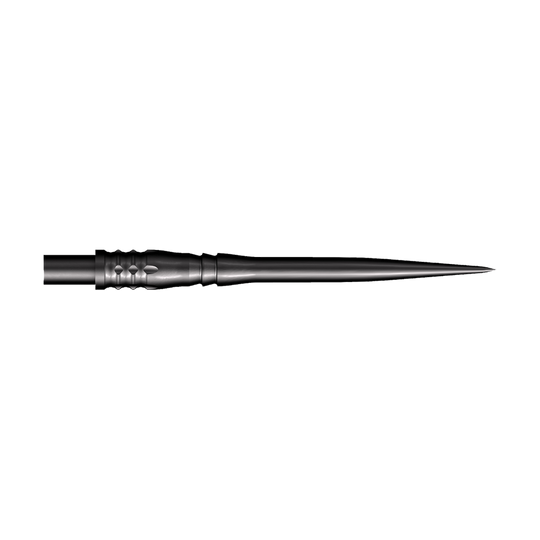 Das Bild zeigt eine schwarze Steeldart-Spitze mit einer Länge von 35 mm. Die Spitze hat ein schlankes, spitz zulaufendes Design und strukturierte Rillen am Schaft.