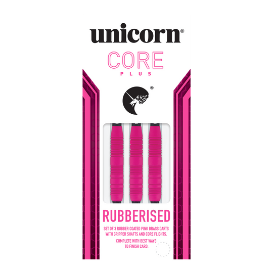 Šipky Unicorn Core Plus pogumované růžové - 19g Das Bild zeigt eine Packung der "Unicorn Core Plus Rubberised Pink Softdarts - 19g". In der Verpackung befinden sich drei pinke, gummierte Softdarts.