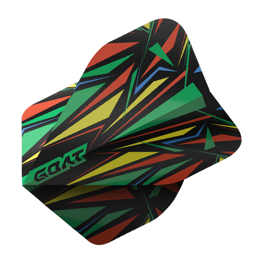 Das Bild zeigt das Produkt 'GOAT Athlete Green No2 Standard Flights'. Die Dartflights haben ein auffälliges, buntes Muster mit grünen, roten, gelben und blauen Akzenten.