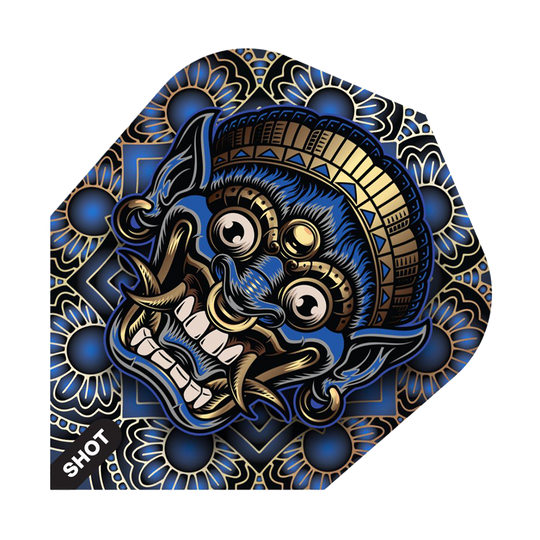 Výstřel z kmenové zbraně Java č. 6 Das Bild zeigt ein Dart-Flight mit einem farbenfrohen, traditionellen Tribal-Design in Blau, Gold und Schwarz. Das auffällige Motiv stellt eine stilisierte, furchteinflößende Maske dar.