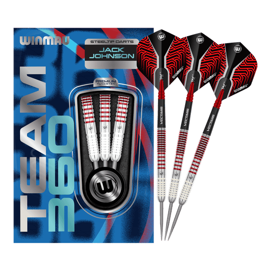 Šipky Winmau Team 360 Jack Johnson ocelové - 24g Das Bild zeigt das komplette Set der Winmau Team 360 Jack Johnson Steeldarts mit 24g. Die Steeldarts sind für präzises Werfen entwickelt.