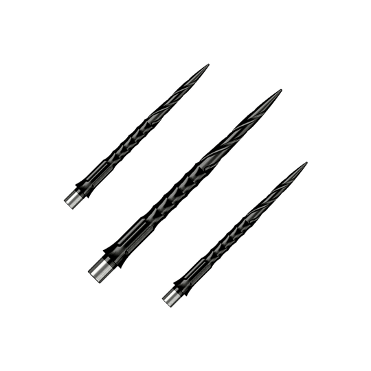 Ocelové hroty na šipky Caliburn System - Spiro - Bez rtu - Černé Gezeigt wird ein Set von Steeldartspitzen Caliburn Evo System Spiro NoLip Black, 36mm. Die Spitzen sind für Steeldarts geeignet und schwarz gefärbt.
