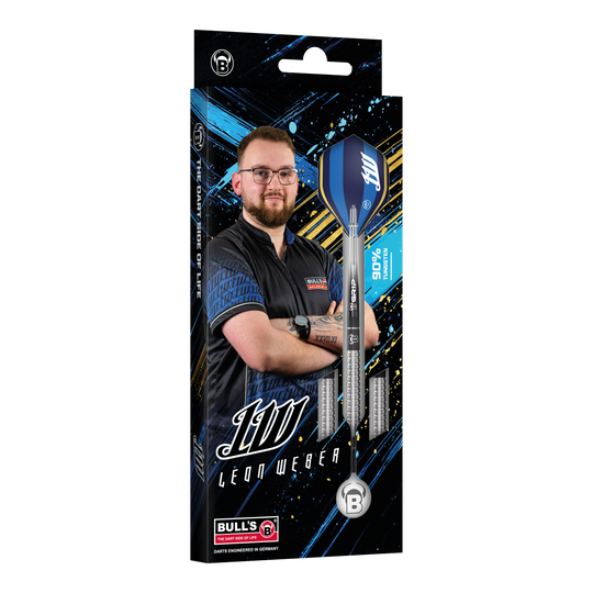 Das Bild zeigt Bulls Leon Weber Softdarts mit 22 Gramm Gewicht. Die Darts sind speziell für Softdart-Spiele entwickelt.