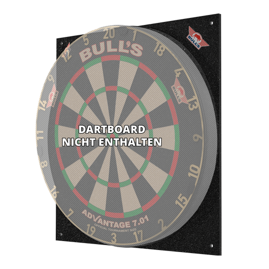Das Bild zeigt den Bulls NL Dartboard Silencer, ein schallreduzierendes Board für Dartspiele. Auf dem Bild steht, dass das Dartboard nicht enthalten ist.