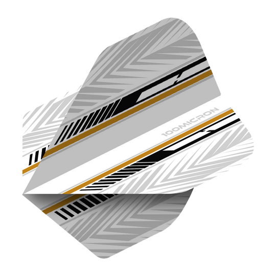 Letky pro pětiboj bílé/černé/zlaté Das Bild zeigt ein Dartflight mit einem modernen Design in Weiß, Schwarz und Gold. Die Oberfläche ist mit geometrischen Mustern und Streifen verziert.