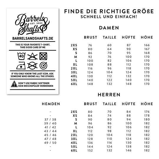 Barrels and Shafts Polo Shirt - Black Das Bild zeigt eine Größentabelle für das Produkt „Barrels and Shafts Poloshirt – Schwarz“ für Damen und Herren. Links sind Pflegehinweise für das T-Shirt abgebildet.
