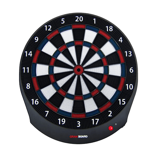 G00040_GranBoard_Dash_Blue_Elektronisches_Dartboard_1 Das Bild zeigt das GranBoard Dash Elektronisches Dartboard. Es ist eine runde Dartscheibe mit farbigen Feldern und Zahlen von 1 bis 20.