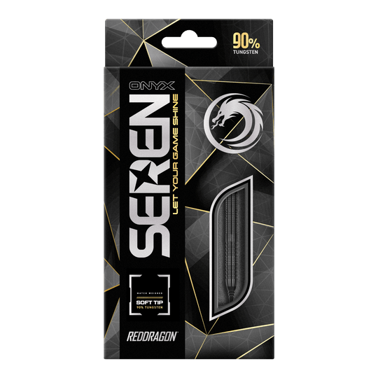 Die Verpackung zeigt die Softdarts "Red Dragon Seren 1 Onyx" mit einem Gewicht von 20g. Sie bestehen zu 90% aus Tungsten und sind für Soft-Tip-Spiele geeignet.