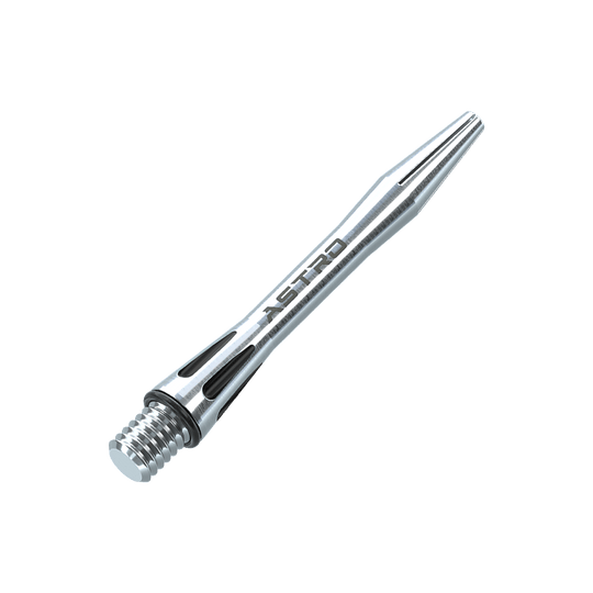7012-101_Winmau_Astro_Aluminium_Shafts_Schwarz_35mm_2 Das Bild zeigt einen silbernen Winmau Astro Aluminium Schaft für Dartpfeile. Der Schaft ist schlank designt und trägt die Aufschrift "ASTRO".