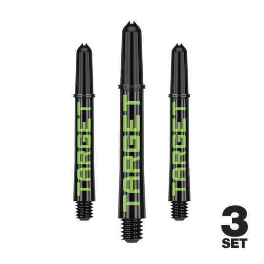 Target Pro Grip TAG Shafts - 3 sady - černo-zelené Das Bild zeigt drei schwarze Dart-Schäfte mit grünem Schriftzug "TARGET". Unten rechts steht "3 SET", was auf ein Set von drei Stück hinweist.
