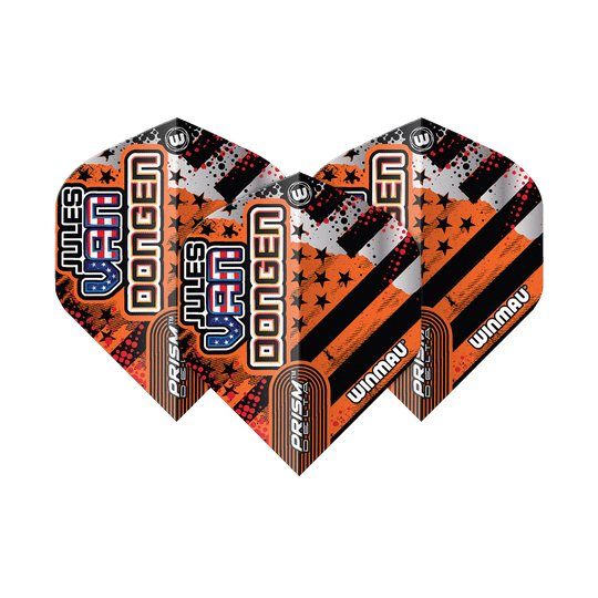 Winmau Prism Delta Jules Van Dongen Standardní lety Das Bild zeigt drei Dartflights des Modells "Winmau Prism Delta Jules Van Dongen Standard Flights". Die Flights sind in Schwarz, Orange und Silber gestaltet und tragen den Namen "Jules Van Dongen".