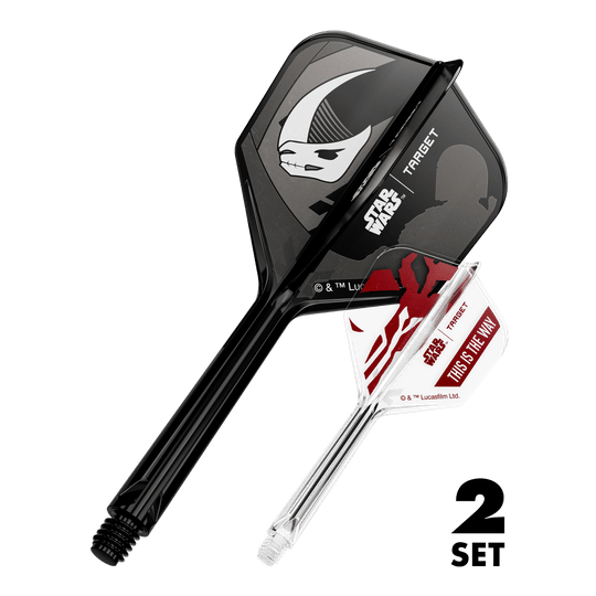 Das Bild zeigt den Artikel '410625_Target_StarWars_K-Flex_Mandalorian_2PackSet_No6_Flights_33mm_1'. Es handelt sich wahrscheinlich um Dart-Flights mit Star Wars Mandalorian Motiv.