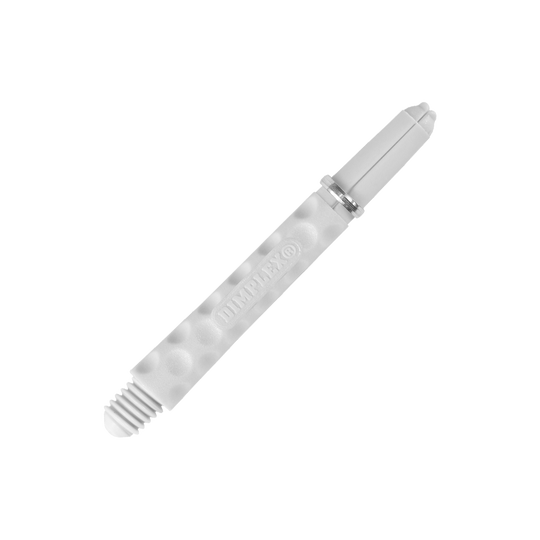 Das Bild zeigt einen weißen Dart-Schaft mit einer genoppten Oberfläche. Auf dem Schaft steht das Wort "DIMPLEX®".