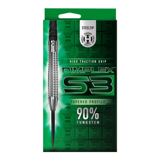 Šipky Harrows Dimplex S3 Tapered Steel Das Bild zeigt die Verpackung der "Harrows Dimplex S3 Tapered Steeldarts". Die Verpackung ist grün und hebt den hohen Wolframanteil von 90% sowie den hohen Grip hervor.
