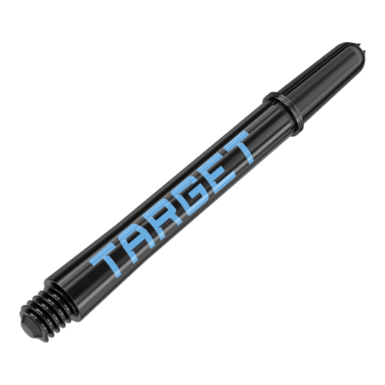 Násadky Target Pro Grip TAG - 3 sady - černomodré Das Bild zeigt einen schwarzen Dart-Schaft mit blauer Schrift, auf dem "TARGET" steht. Der Schaft hat ein Gewinde am Ende zur Befestigung am Dartpfeil.