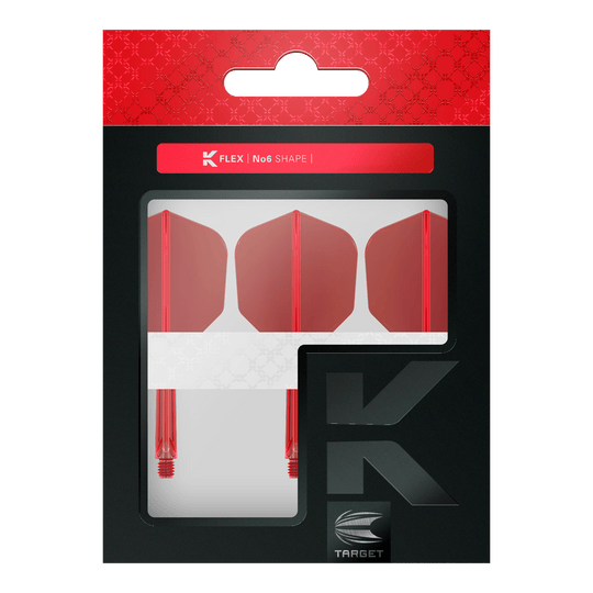 Letový systém Target K-Flex No6 - červený Das Bild zeigt eine Verpackung mit drei roten Dartflights und Schäften. Die Marke "Target" und die Produktbezeichnung "K-Flex No6 Shape" sind auf der Verpackung sichtbar.