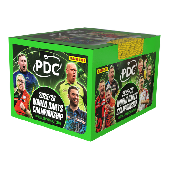 Panini PDC World Darts Championship 2025/26 - Krabička s 65 balíčky samolepek Dies ist die Panini PDC World Darts Championship 2025/26 Stickerbox mit 65 Tüten. Die Box ist für das Sammeln von Stickern zur Darts-Weltmeisterschaft geeignet.
