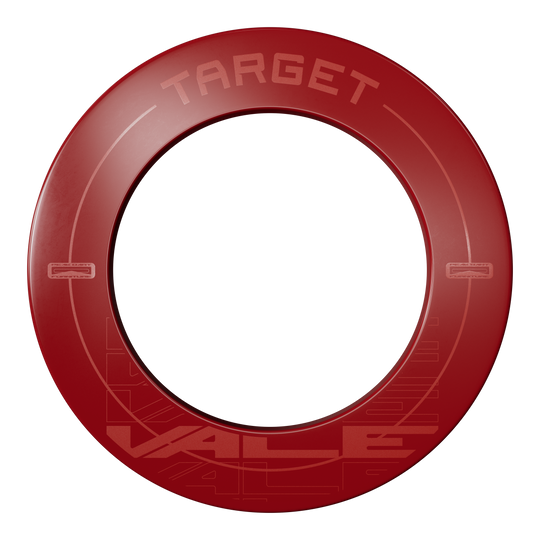 Das Bild zeigt einen roten Dartboard-Surround mit der Aufschrift "TARGET VALE". Der Surround ist rund und schützt die Wand rund um die Dartscheibe.