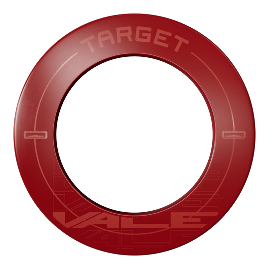 Obložení terče Target VALE Das Bild zeigt einen roten Dartboard-Surround mit der Aufschrift "TARGET VALE". Der Surround ist rund und schützt die Wand rund um die Dartscheibe.