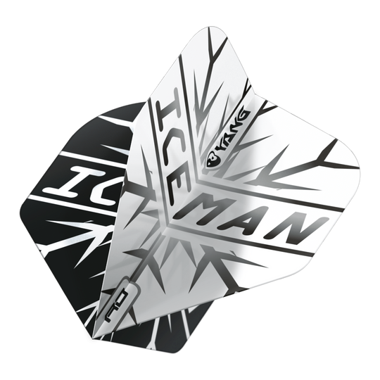 Red Dragon Gerwyn Price Iceman Černá Bílá Yin Yang Standardní lety Das Bild zeigt zwei Dartflights in Schwarz und Weiß mit dem Schriftzug "ICEMAN" und einem auffälligen Eismuster. Auf den Flights ist zudem das Wort "Yin Yang" zu sehen.