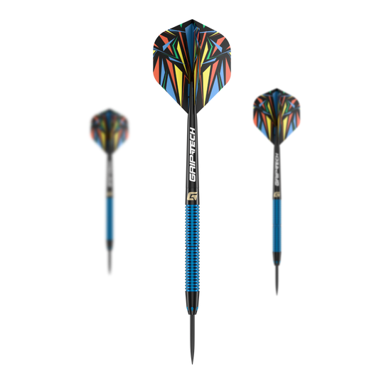 Steeldarts GOAT Athlete modré mosazné - 12g Das Bild zeigt drei Steeldarts des Produkts "GOAT Athlete Blue Brass Steeldarts - 12g". Die Darts haben blaue Griffe und bunte Flights mit einem auffälligen Muster.