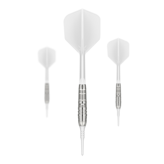 Měkké šipky Target Japan Crux Trust - 17g Das Bild zeigt drei weiße Softdarts des Produkts „Target Japan Crux Trust Softdarts - 17g“. Die Darts haben silberne Griffe und weiße Flights.