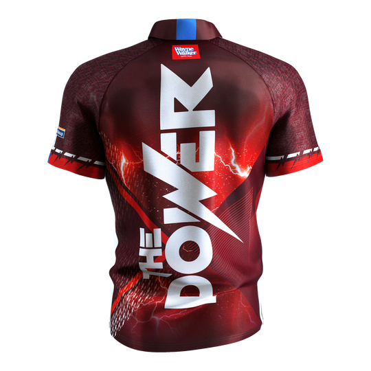 Das Bild zeigt das "Target Coolplay Phil Taylor 2025 Dartshirt" von hinten. Auf dem Rücken steht in großen weißen Buchstaben "THE POWER".