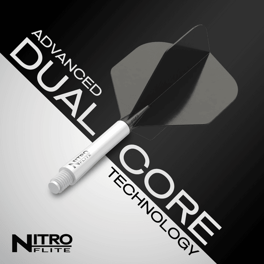 Red Dragon Nitroplte - White Shaft Black No2 Flights Das Bild zeigt das Produkt „Red Dragon Nitroflite – Weißer Schaft, schwarze No2 Flights“. Im Hintergrund steht in großen Buchstaben „Advanced Dual Core Technology“.