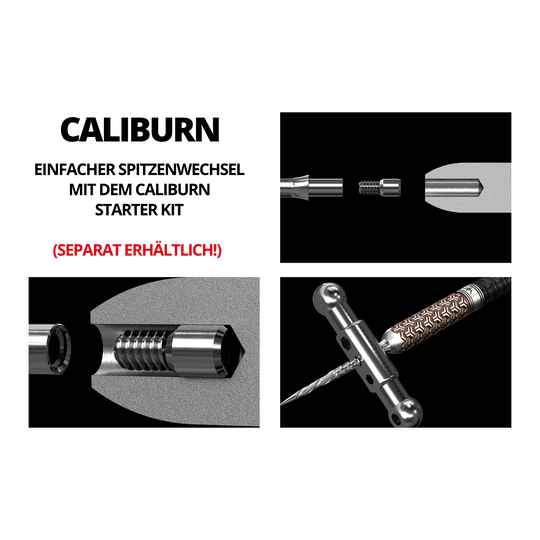 Caliburn System Steel Dart Tips - Ripple - NoLip - Black Das Bild zeigt verschiedene technische Zeichnungen und Werkzeuge für das Mission Caliburn EVO System mit Steeldartspitzen. In roter Schrift steht "SEPARAT ERHÄLTLICH!" auf dem Bild.