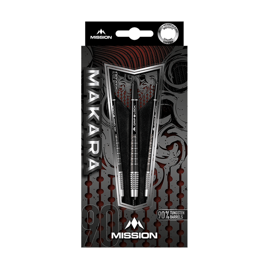 Měkké šipky Mission Makara M2 - 20g Das Bild zeigt die Verpackung der Mission Makara M2 Softdarts mit einem Gewicht von 20g. Die Darts bestehen zu 90 % aus Tungsten und sind ansprechend gestaltet.