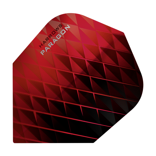 HR7602_Harrows_Paragon_Red_No2_Standard_Flights_1 Das Bild zeigt ein rotes Dart-Flight mit dem Namen "Harrows Paragon". Das Flight hat ein geometrisches Muster und die Worte "Harrows Paragon" sind oben links zu sehen.