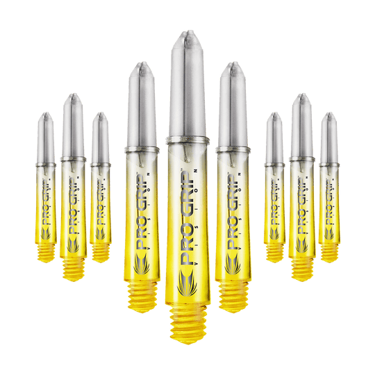 Násadky Target Pro Grip Vision - 3 sady - žluté Das Bild zeigt neun gelbe Dartschäfte mit silberfarbenen Spitzen, auf denen "PRO GRIP VISION" steht. Sie sind in einer leicht gebogenen Reihe angeordnet.