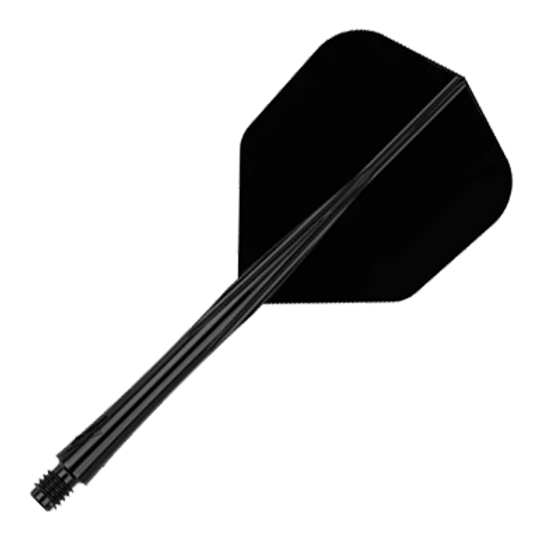 Systém letových šachet Caliburn SUP Lite No6 Das Bild zeigt einen schwarzen Dart-Schaft mit Flight. Der Dart-Schaft ist mittellang und komplett in schwarz gehalten.