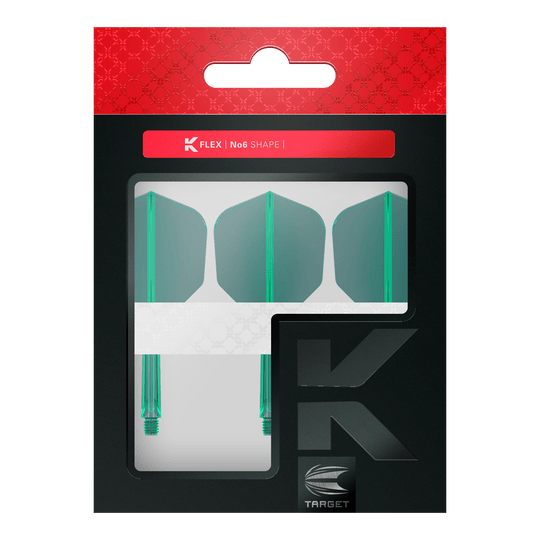 Letový systém Target K-Flex No6 - zelený Das Bild zeigt eine Verpackung mit drei grünen Dartflügen und Schäften der Marke Target. Die Packung trägt die Aufschrift "K FLEX | No6 SHAPE".