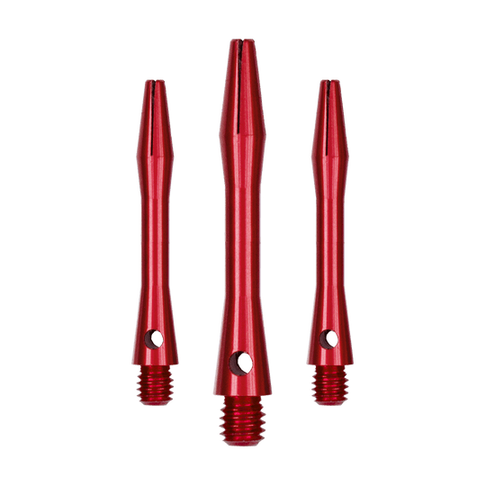 507_Aluminium_Shafts_Rot_35mm_1 Das Bild zeigt drei rote Aluminiumschäfte für Dartpfeile. Sie sind unterschiedlich lang und haben ein glänzendes Finish.