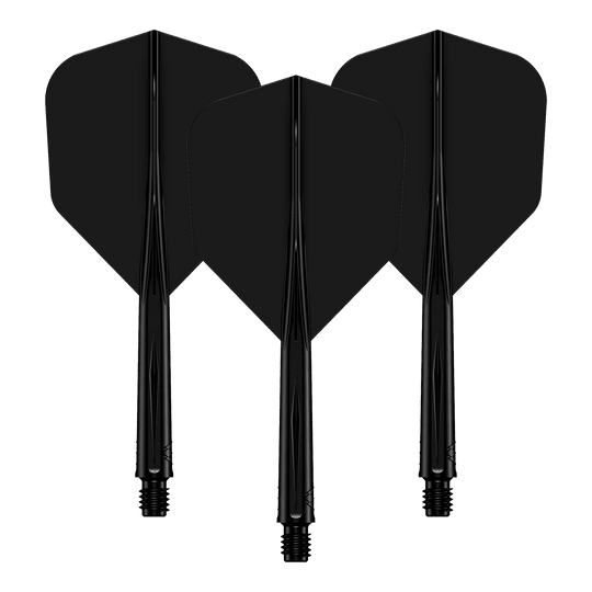 Systém letové hřídele Mission Force 90 No6 - černý Das Bild zeigt drei schwarze Dart-Flights mit daran befestigten Schäften. Sie sind nebeneinander angeordnet und haben ein schlichtes, einfarbiges Design.