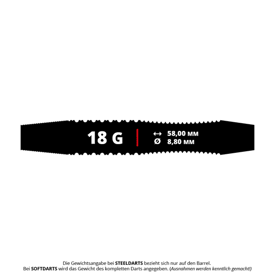 Šipky Mission Phantom Brass Soft - 18g Das Bild zeigt die Produktinformationen für die Mission Phantom Brass Softdarts mit einem Gewicht von 18 Gramm. Die Darts haben eine Länge von 58,00 mm und einen Durchmesser von 8,80 mm.