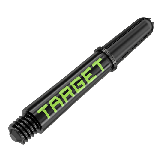Target Pro Grip TAG Shafts - 3 sady - černo-zelené Dies ist ein schwarzer Dartschaft mit grünem "TARGET"-Schriftzug. Er hat ein Schraubgewinde an einem Ende und ist 34 mm lang.