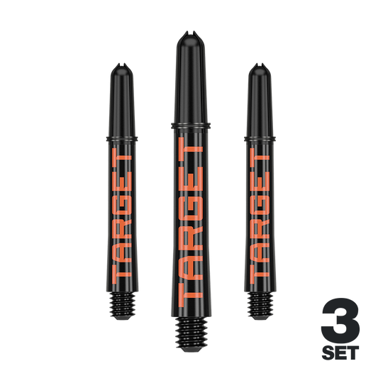 Násadky Target Pro Grip TAG - 3 sady - černo-oranžové Das Bild zeigt drei schwarze Dartschäfte mit orangener Schrift „TARGET“. In der rechten unteren Ecke steht „3 SET“.