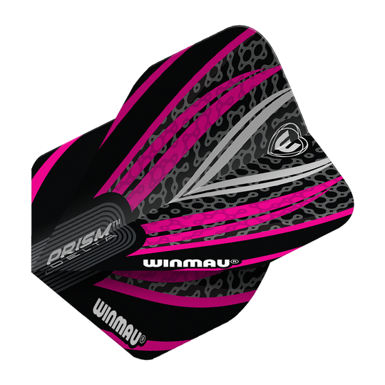 Das Bild zeigt ein Winmau Prism Delta No2 Standard Dartflight in den Farben Schwarz, Weiß und Pink. Das Flight hat ein auffälliges, modernes Design mit grafischen Mustern und dem Winmau-Logo.
