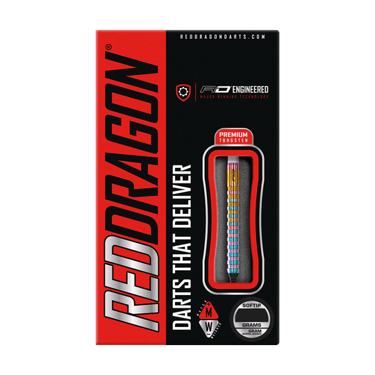 RD2517_Red_Dragon_Javelin_Spectron_Softdarts_3 Auf dem Bild ist die Verpackung der "Red Dragon Javelin Spectron Softdarts - 20g" zu sehen. Die Verpackung ist schwarz-rot und zeigt einen Dartpfeil mit farbigen Ringen im Sichtfenster.