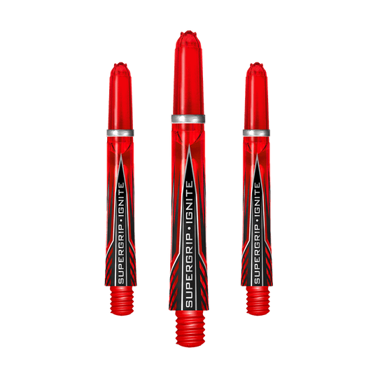 HR384_Harrows_Supergrip_Ignite_Shafts_Rot_40mm_1qX96WPAHn0Qtn Das Bild zeigt drei rote Harrows Supergrip Ignite Shafts für Dartpfeile. Auf jedem Shaft steht der Schriftzug „SUPERGRIP IGNITE“.