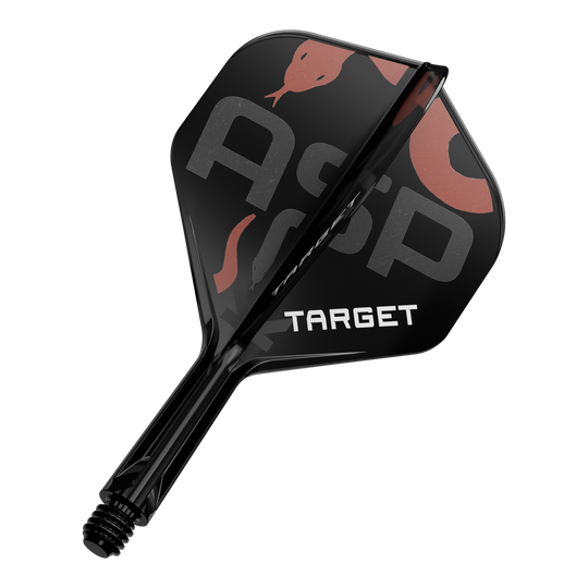 Systém standardních letových hřídelí Target K-Flex Nathan Aspinall No2 Das Bild zeigt ein schwarzes Dart-Flügel- und Schaftsystem mit der Aufschrift "TARGET". Auf dem Flügel sind zudem die Buchstaben "Asp" sowie eine Schlangenabbildung zu sehen.