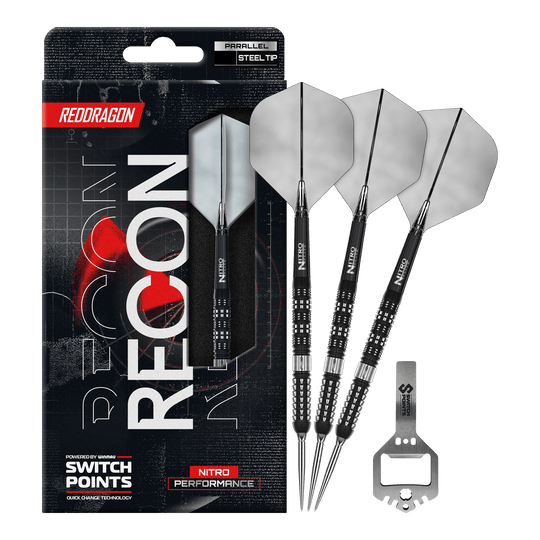 Das Bild zeigt die Red Dragon Recon Parallel Steeldarts in voller Länge. Die Steeldarts haben ein modernes Design.