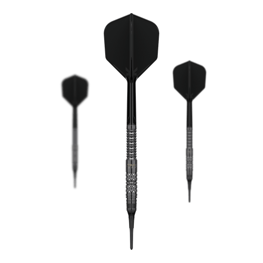 Měkké šipky Target Black Marque Creed - 21,5 g Dieses Bild zeigt das Set der Target Black Marque Creed Softdarts mit 21,5g. Mehrere Komponenten des Dartsets sind deutlich erkennbar.