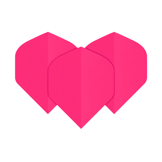 Das Bild zeigt drei Dart-Flights aus Nylon-Stoff in leuchtendem Neon-Pink. Sie sind übereinander angeordnet und haben eine klassische, breite Form.